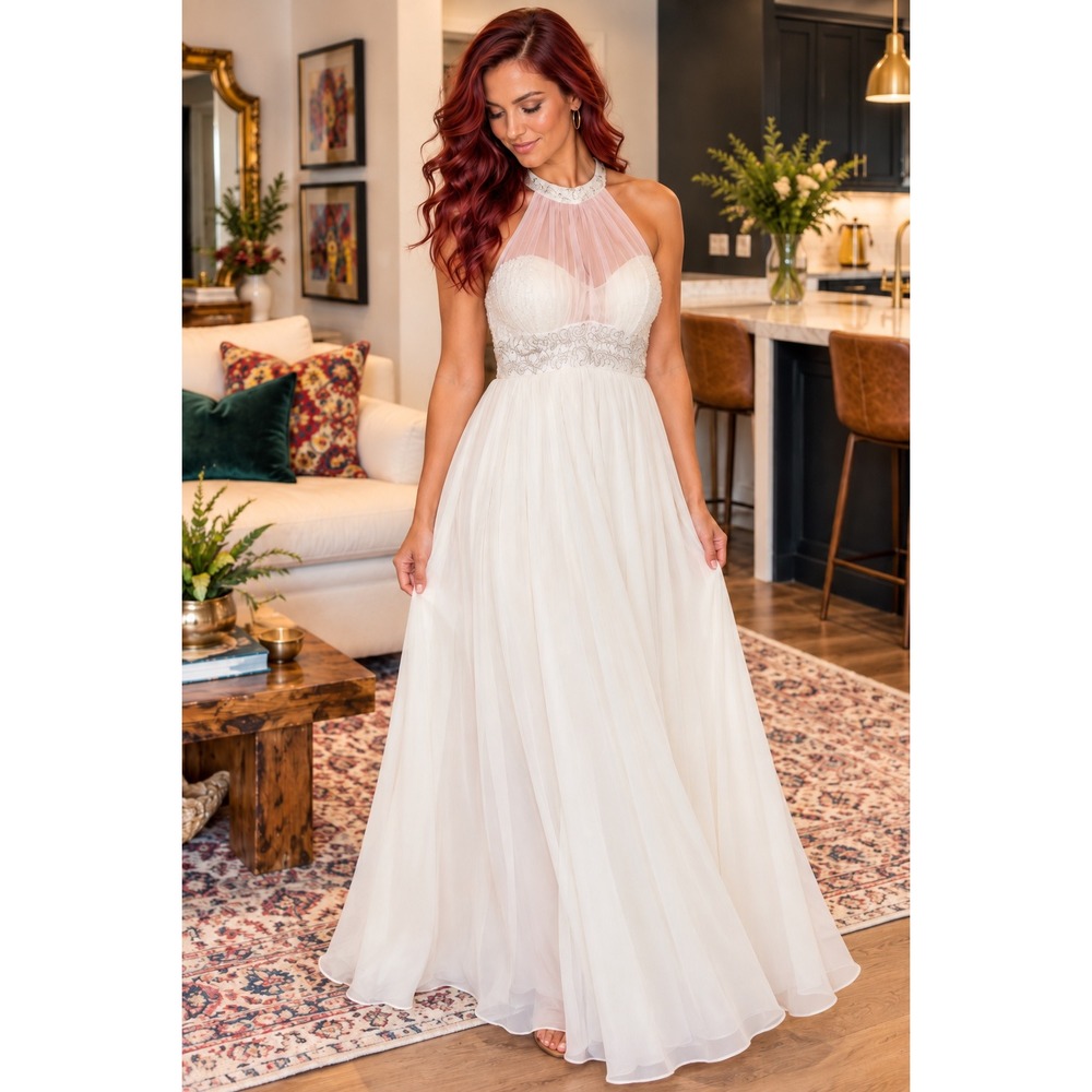 Hoco Formal Vintage Cream Halter Silver Embroidered Chiffon Gown Mike Benet Prom